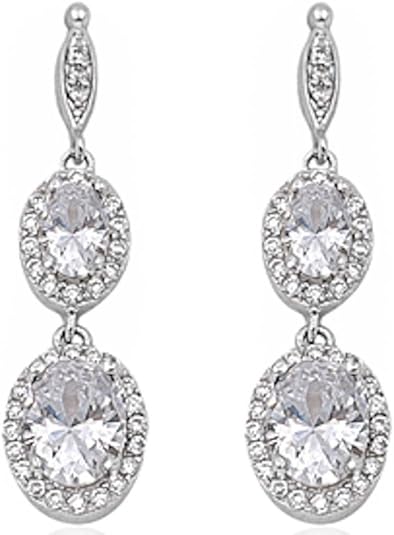 Halo Drop Dangle Chandelier Earring Oval Round Cubic Zirconia 925 Sterling Silver