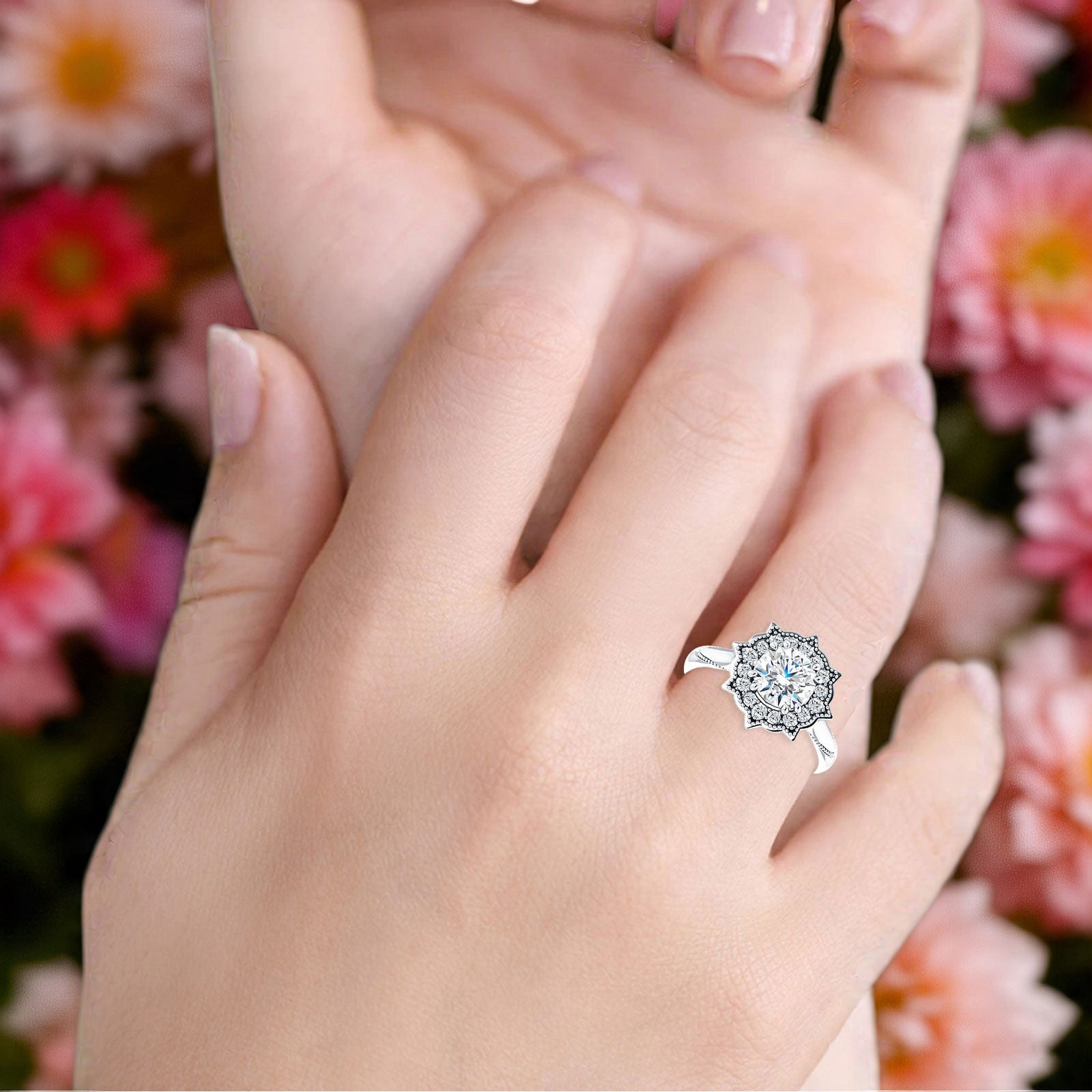18K Gold IGI Certified Round 1 Carat Lab Grown Diamond Art Deco Floral Ring