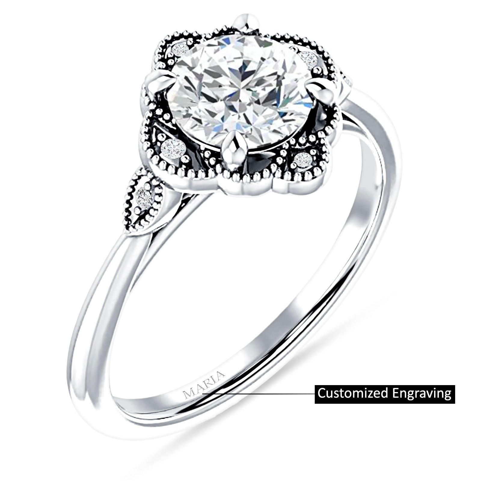 14K Gold IGI Certified Round 2 Carat Lab Grown Diamond Art Deco Floral Beaded Ring