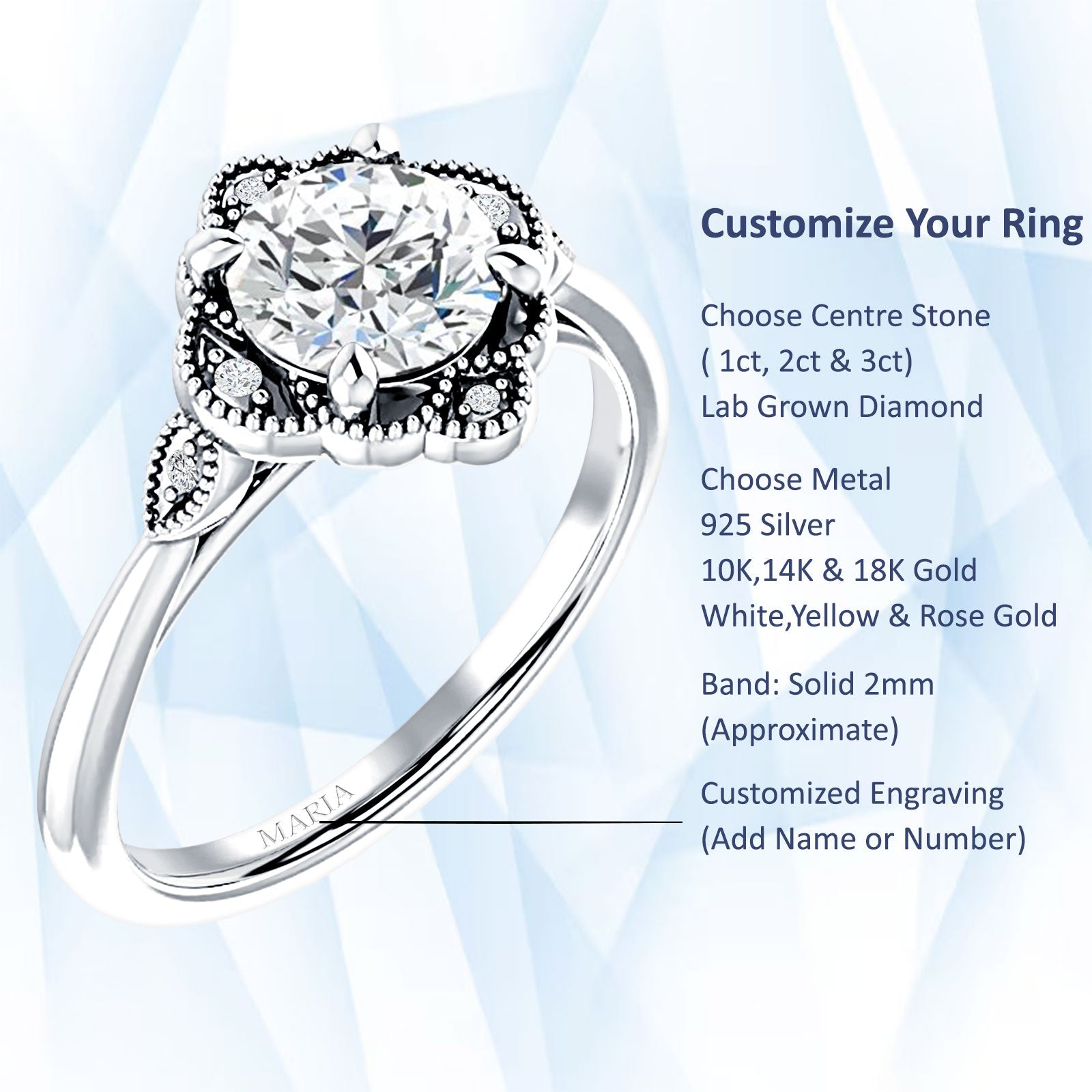 IGI Certified Round 2 Carat Lab Grown Diamond Art Deco Floral Beaded Ring