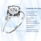 18K Gold IGI Certified Round 1 Carat Lab Grown Diamond Art Deco Floral Beaded Ring