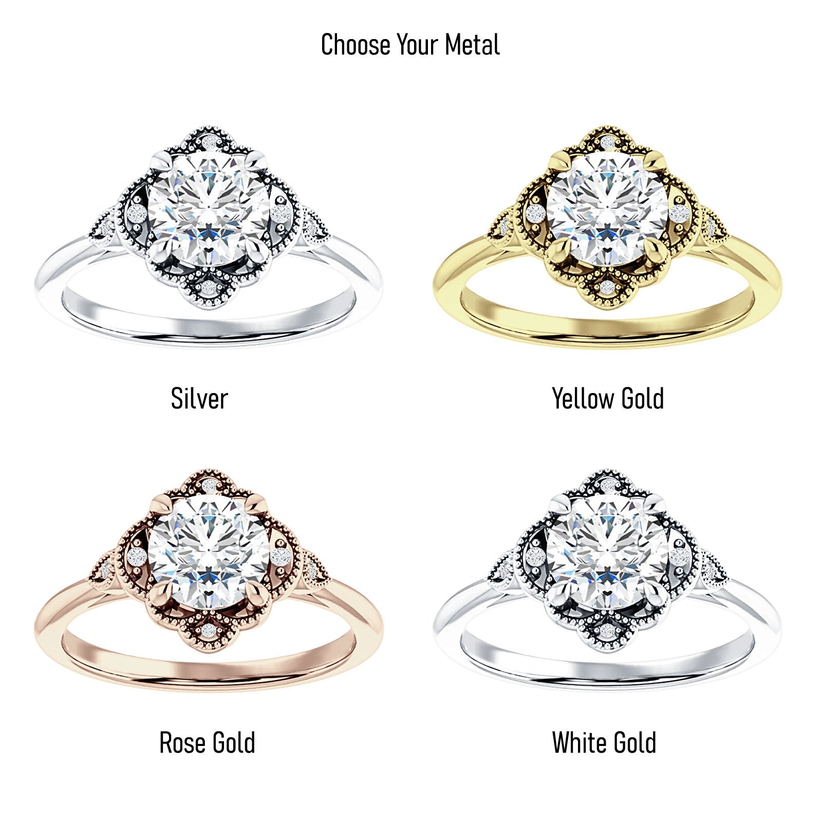 10K Gold IGI Certified Round 2 Carat Lab Grown Diamond Art Deco Floral Beaded Ring