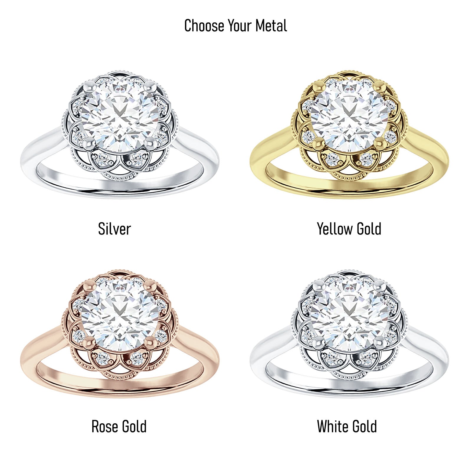 14K Gold IGI Certified Round 1 Carat Lab Grown Diamond Art Deco Floral Ring