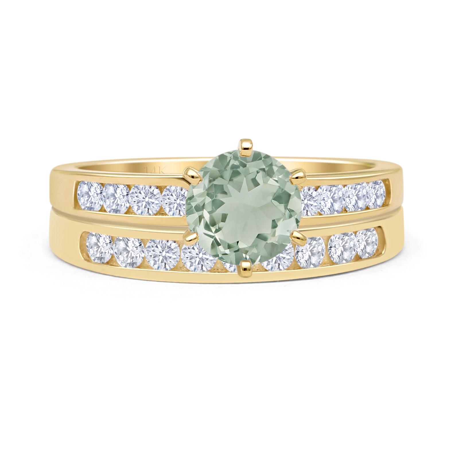 Two Piece Round Natural Green Amethyst Prasiolite Cathedral Ring