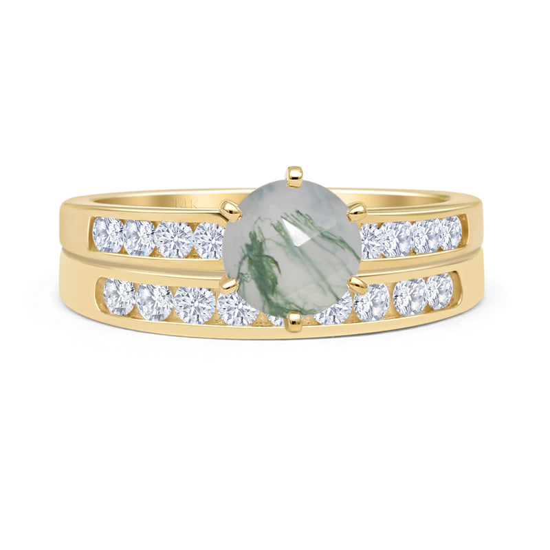Two Piece Round Natural Green Moss Agate Cathedral Ring