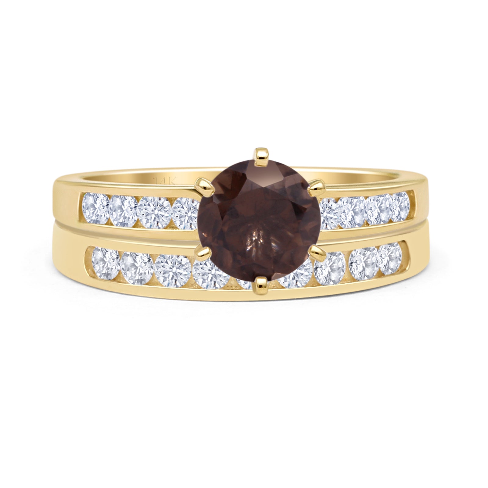 Two Piece Round Natural Chocolate Smoky Quartz Cathedral Ring