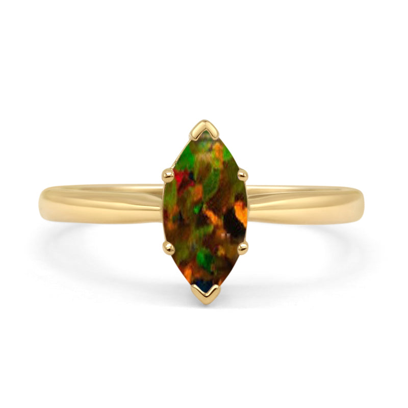 Marquise Lab Created Black Opal Solitaire Gold Ring