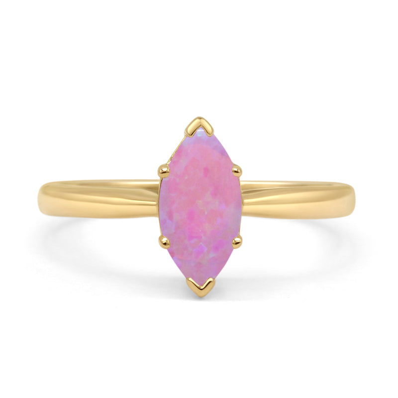 Marquise Lab Created Pink Opal Solitaire Gold Ring