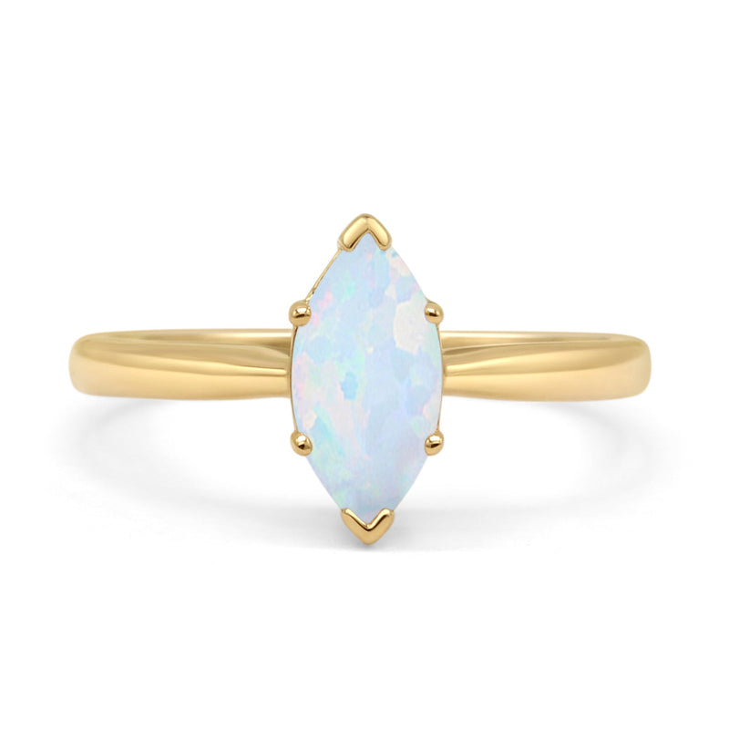 Marquise Lab Created White Opal Solitaire Gold Ring