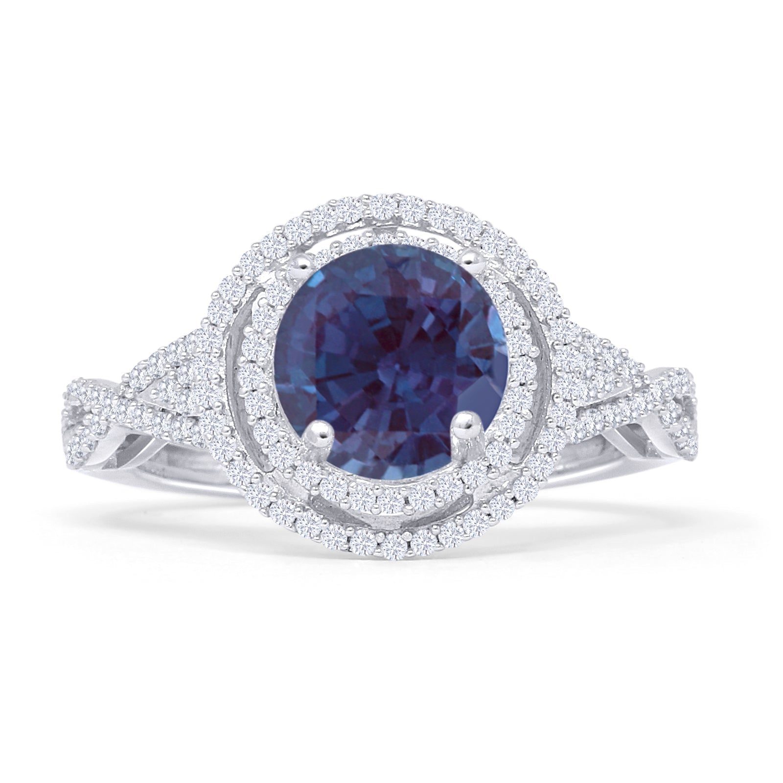 Round Halo Twisted Split Shank Diamond Gold Ring