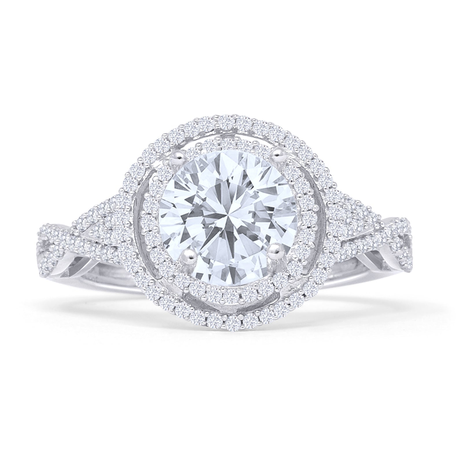Round Halo Twisted Split Shank Diamond Gold Ring