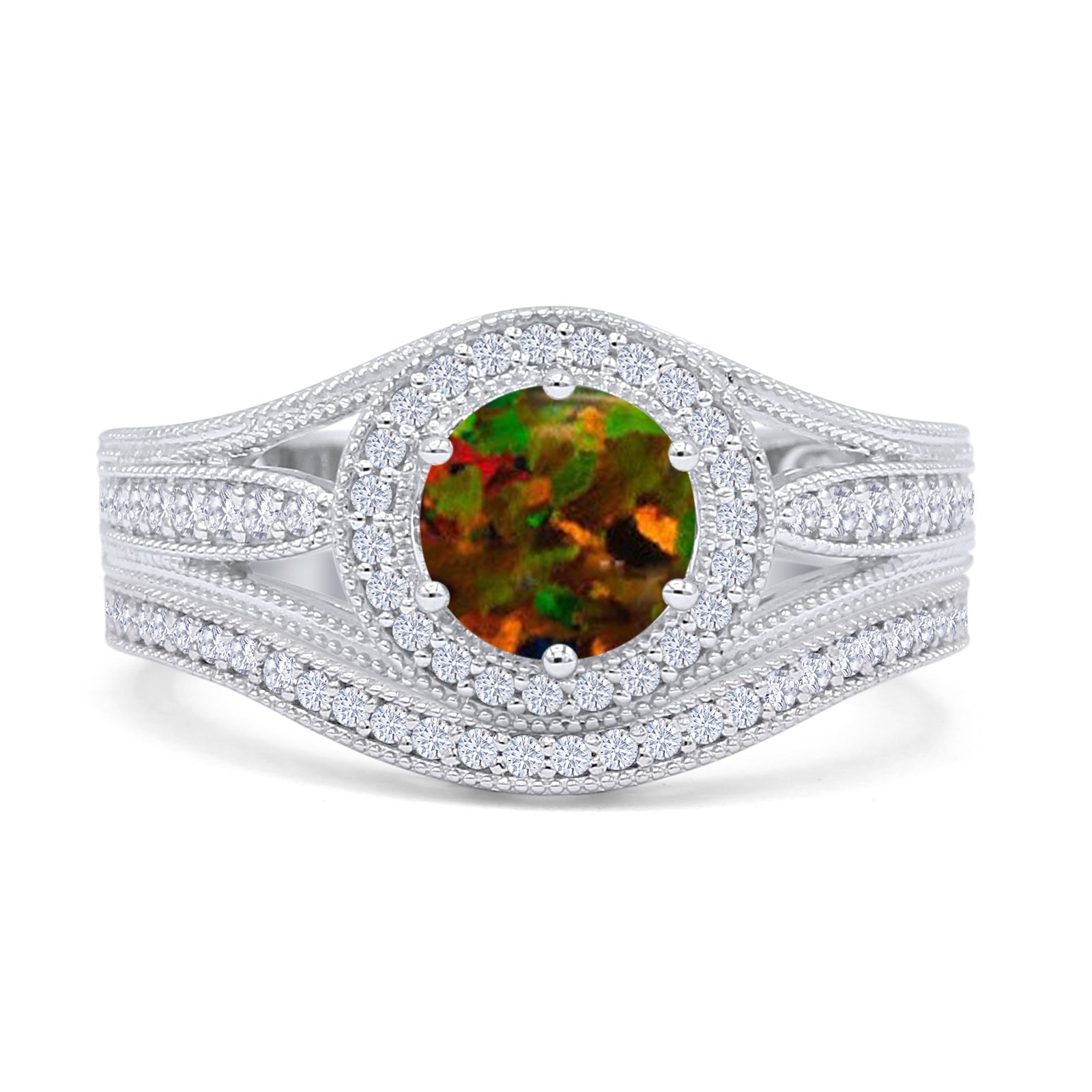 Two Piece Round Halo Split Shank Beaded Gold Ring