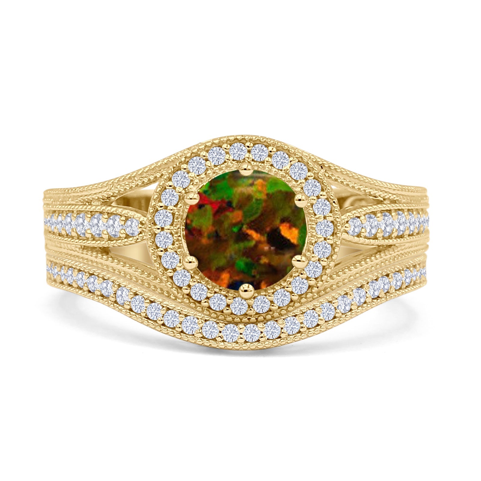 Two Piece Round Halo Split Shank Beaded Gold Ring
