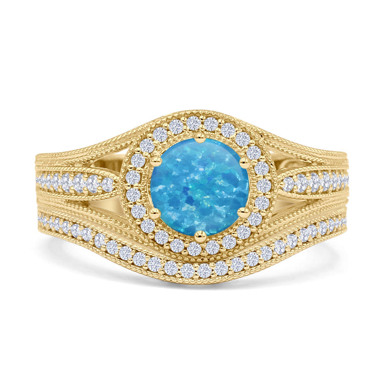 Two Piece Round Halo Split Shank Beaded Gold Ring
