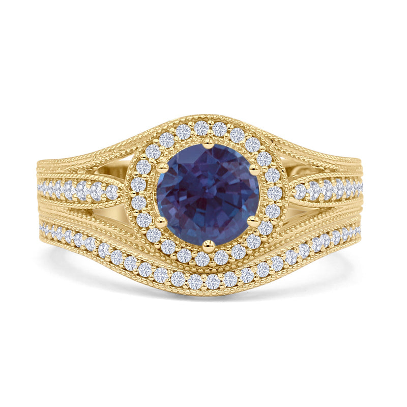 Two Piece Round Halo Split Shank Bridal Gold Ring