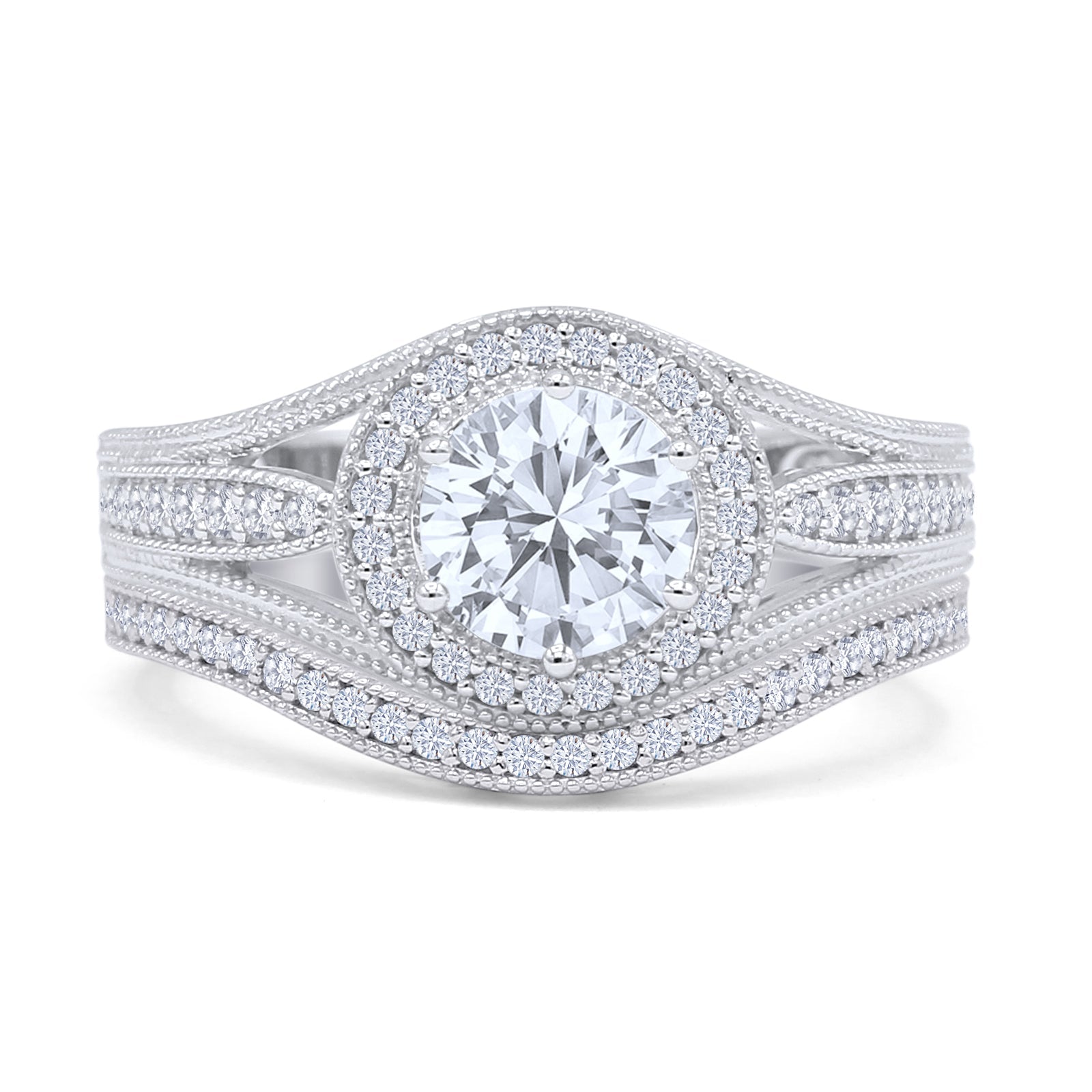 Two Piece Round Halo Split Shank Bridal Gold Ring