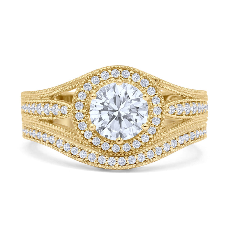 Two Piece Round Halo Split Shank Bridal Gold Ring