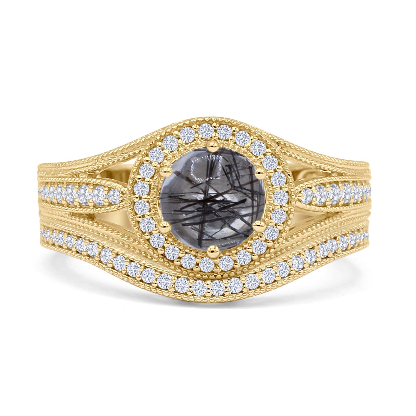 Two Piece Round Halo Split Shank Bridal Gold Ring