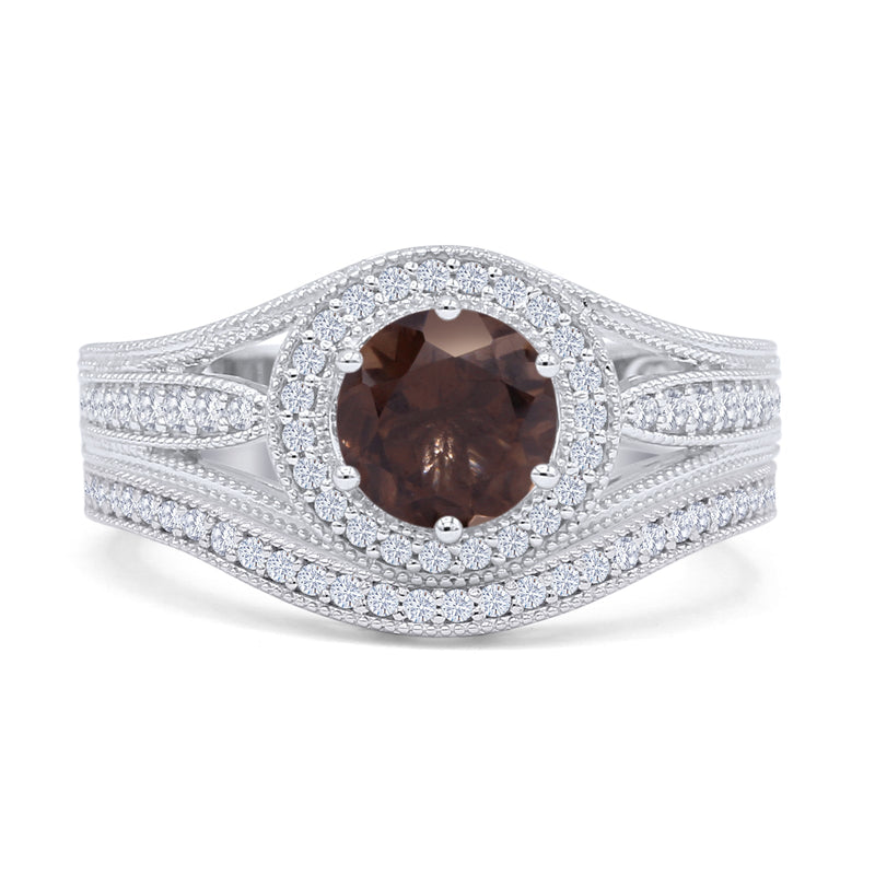 Two Piece Round Halo Split Shank Bridal Gold Ring