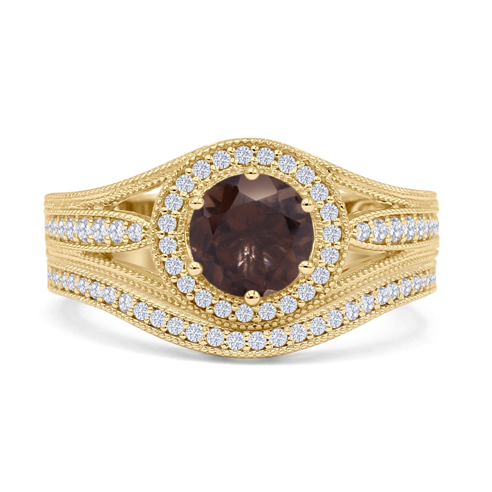 Two Piece Round Halo Split Shank Bridal Gold Ring