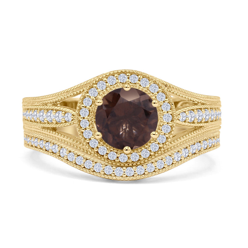 Two Piece Round Halo Split Shank Bridal Gold Ring