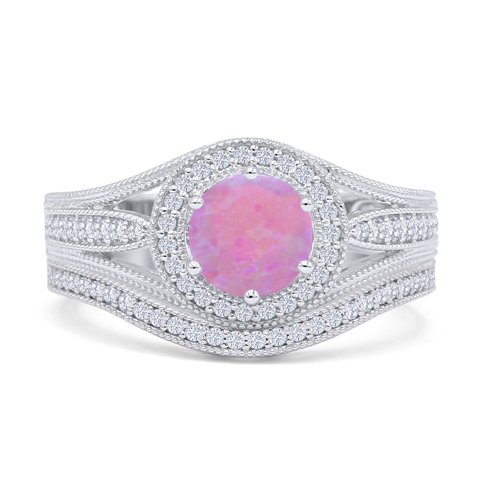 Two Piece Round Halo Split Shank Beaded Gold Ring