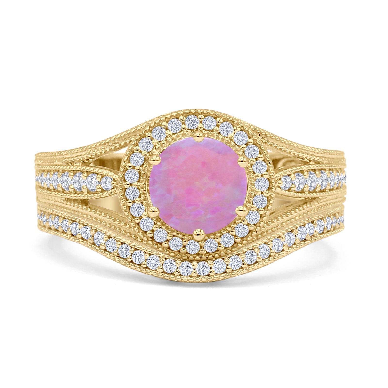 Two Piece Round Halo Split Shank Beaded Gold Ring