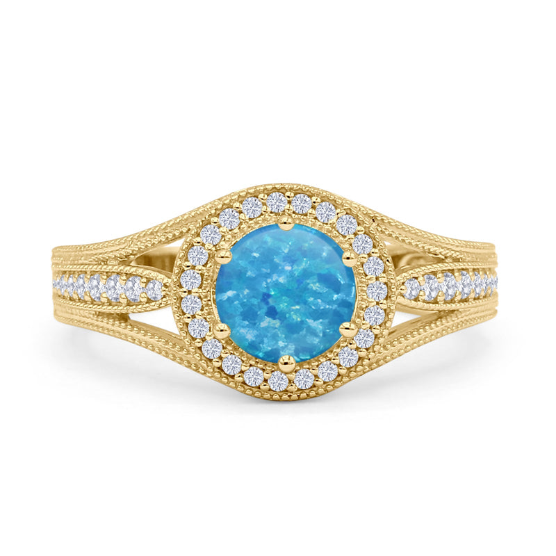 Round Halo Split Shank Beaded Gold Ring