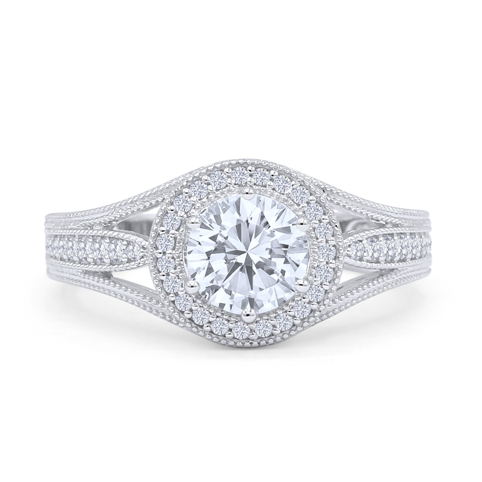 Round Halo Split Shank Bridal Gold Ring