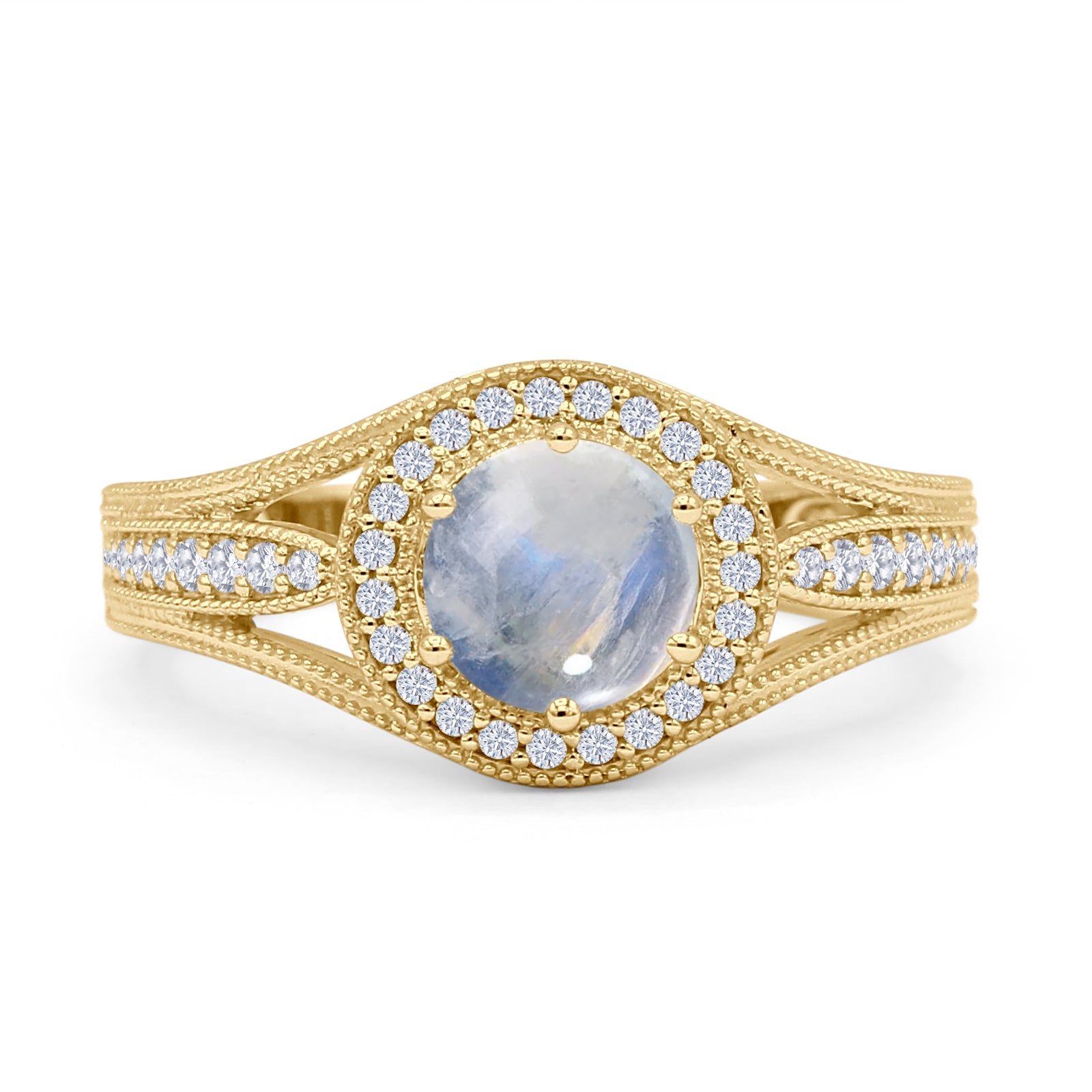 Round Halo Split Shank Bridal Gold Ring