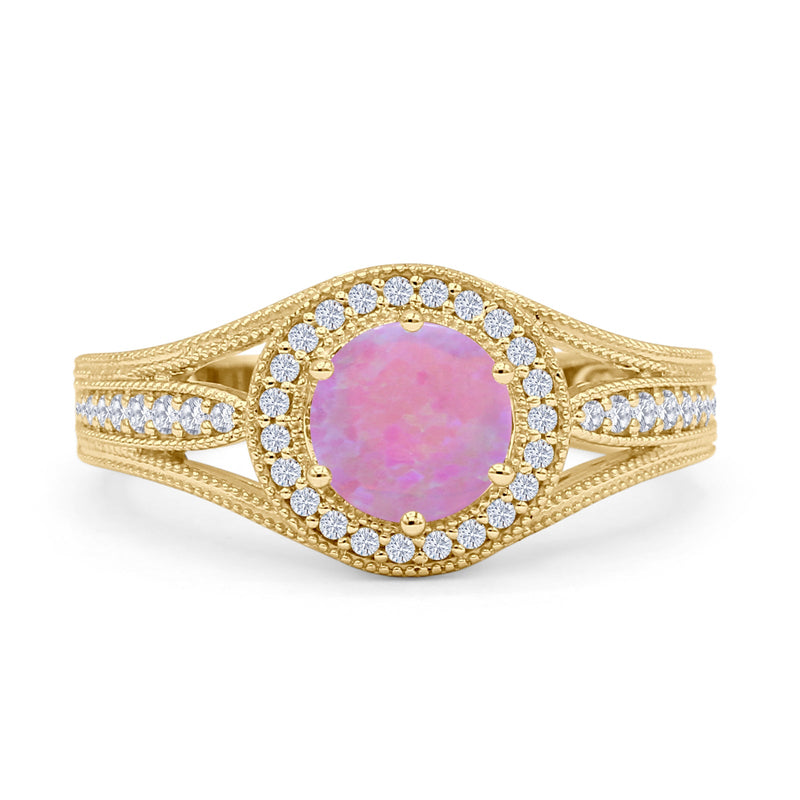 Round Halo Split Shank Beaded Gold Ring