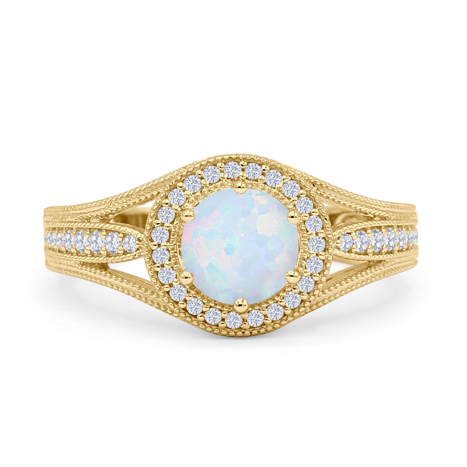 Round Halo Split Shank Beaded Gold Ring