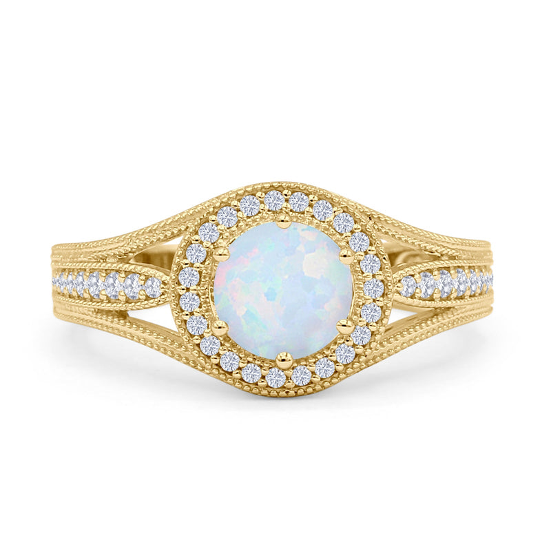 Round Halo Split Shank Beaded Gold Ring