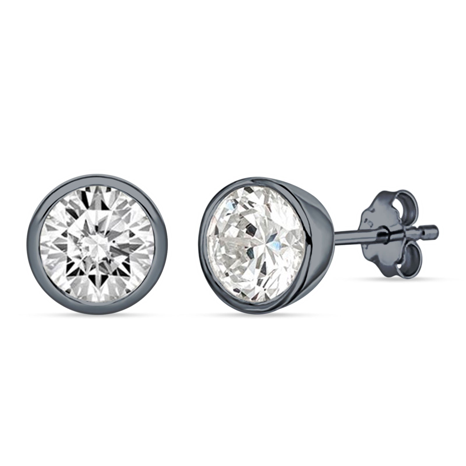 Round 7mm Cubic Zirconia Solitaire Stud Earring Bezel Set 925 Sterling Silver