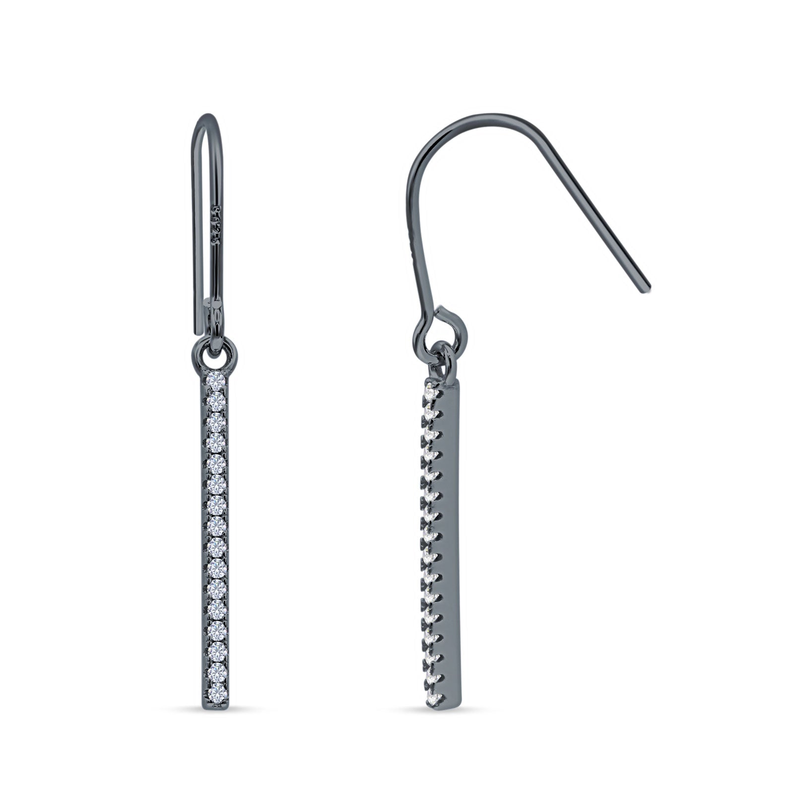 Round Cubic Zirconia 29mm Vertical Drop Bar Fishhook Earring 925 Sterling Silver