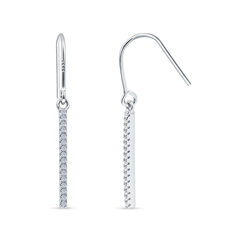 Round Cubic Zirconia 29mm Vertical Drop Bar Fishhook Earring 925 Sterling Silver