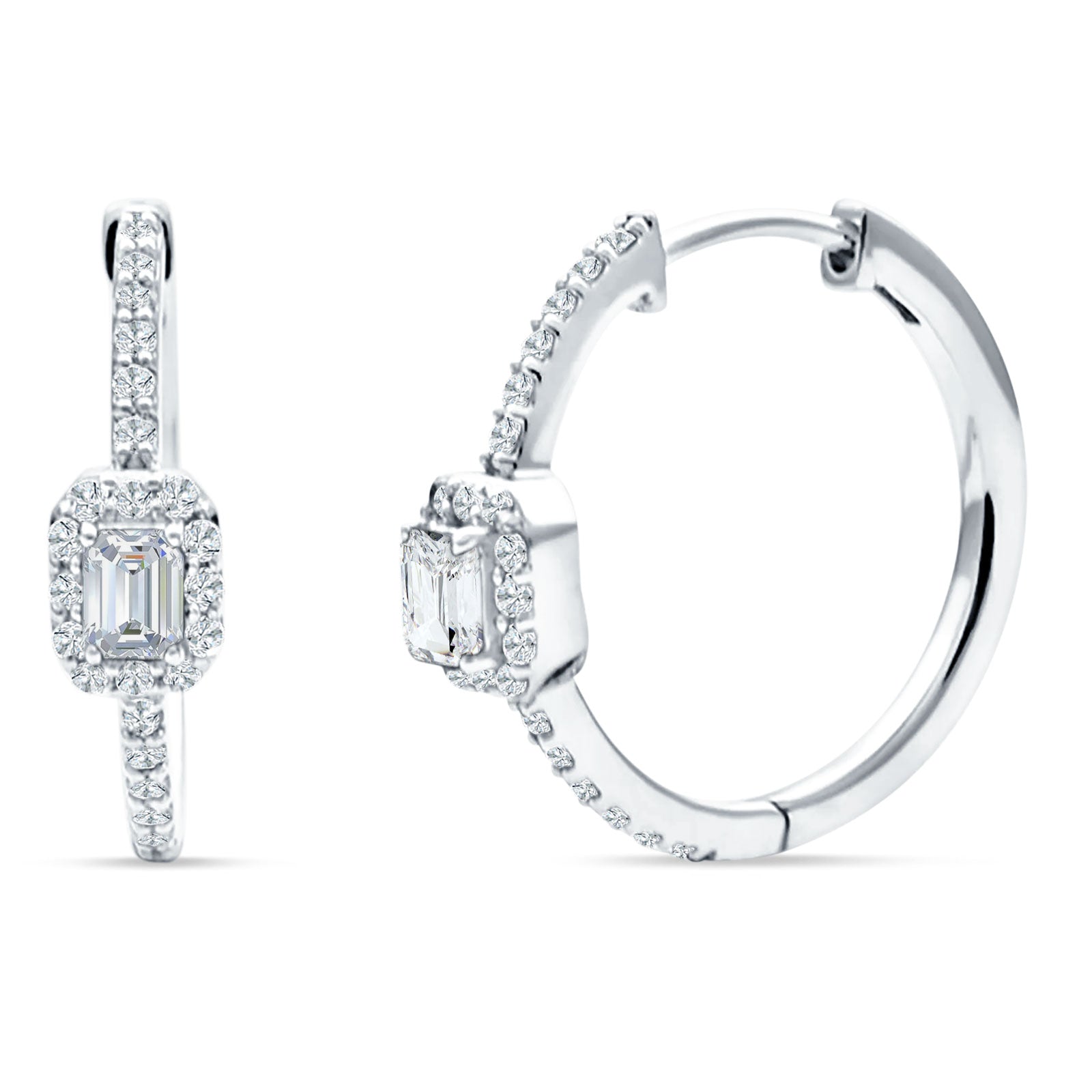 Emerald Cut Halo Hoop Earring Cubic Zirconia 925 Sterling Silver