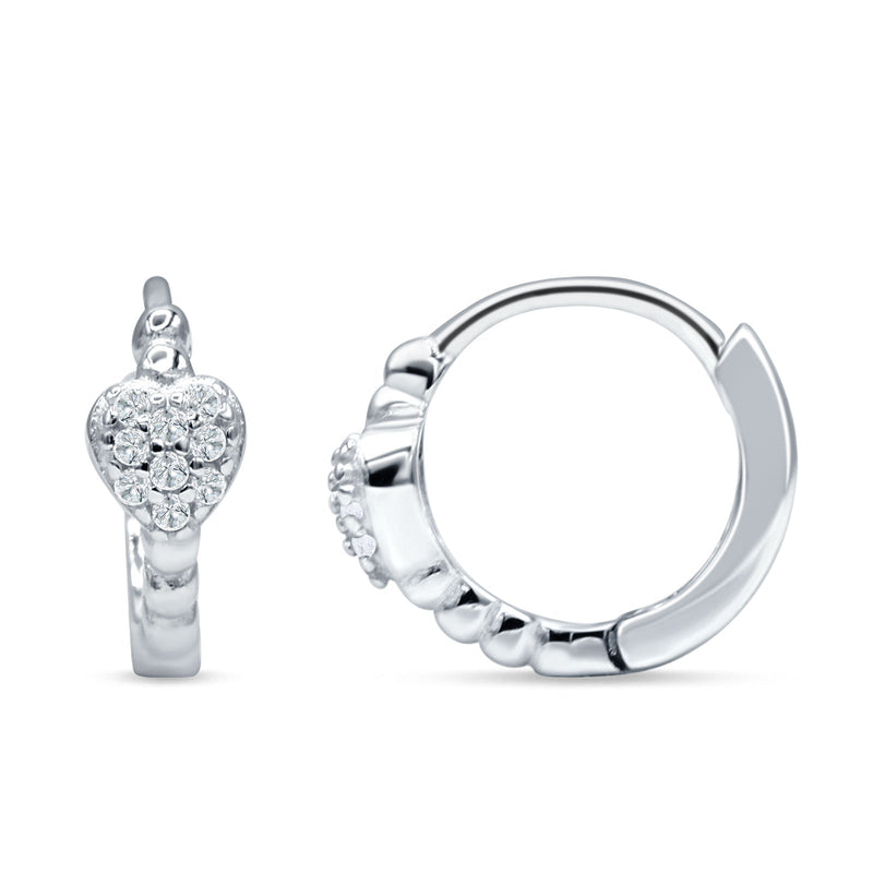Heart Shaped Cubic Zirconia Beaded Huggie Hoop Earring 925 Sterling Silver