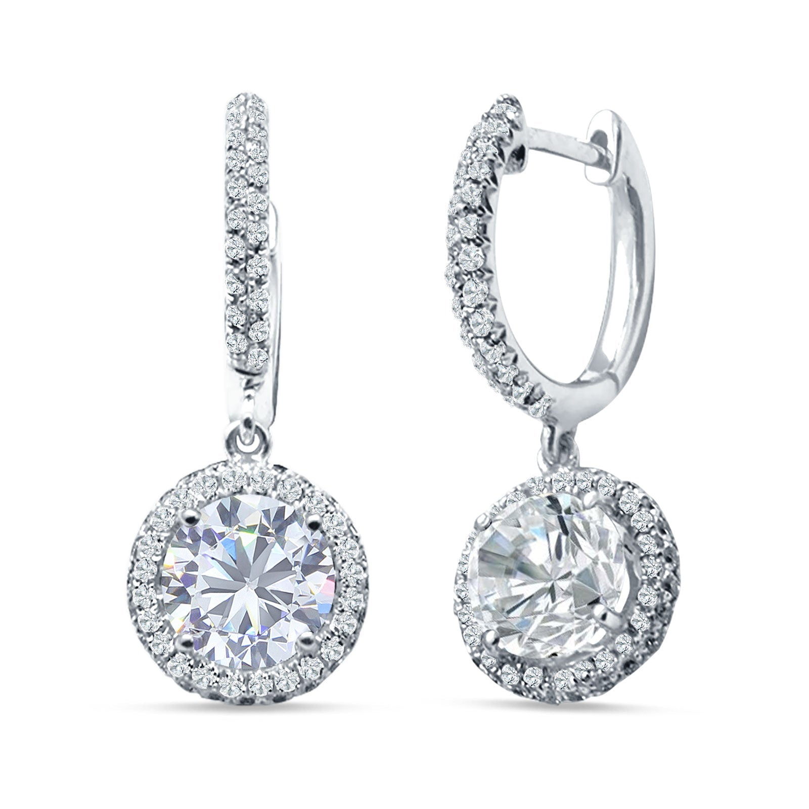 Round Halo Drop Dangle Hoop Earring Cubic Zirconia 925 Sterling Silver