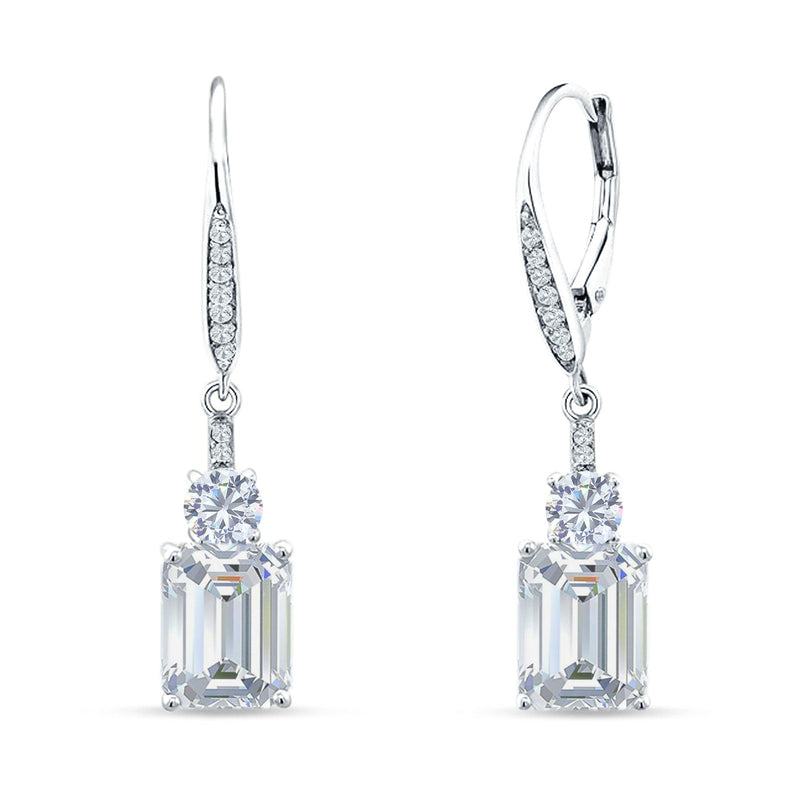 Emerald Cut Oblong Drop Dangle Leverback Earring Cubic Zrconia 925 Sterling Silver