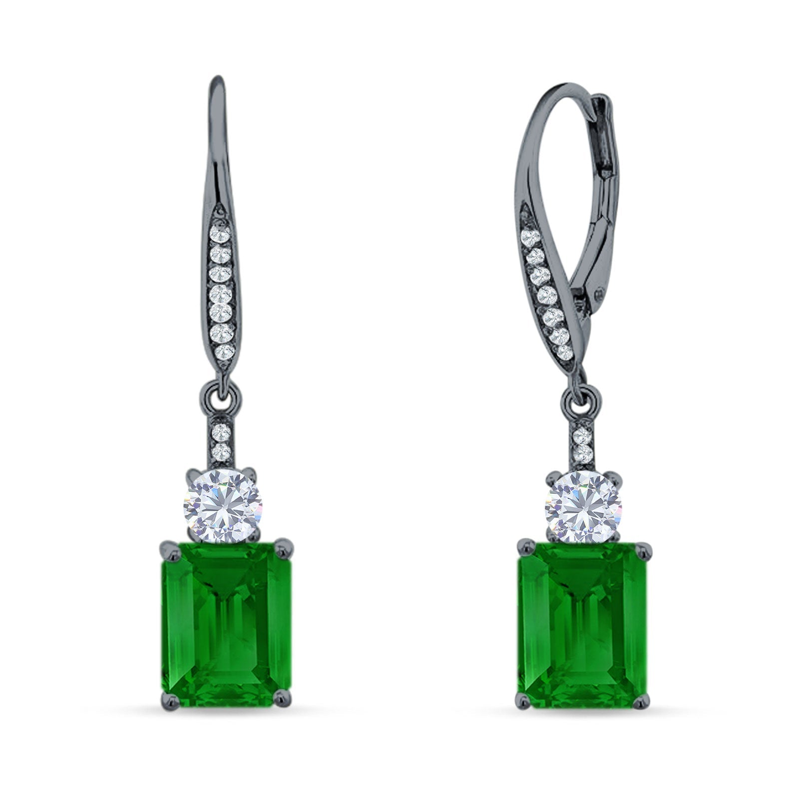 Emerald Cut Oblong Drop Dangle Leverback Earring Cubic Zrconia 925 Sterling Silver