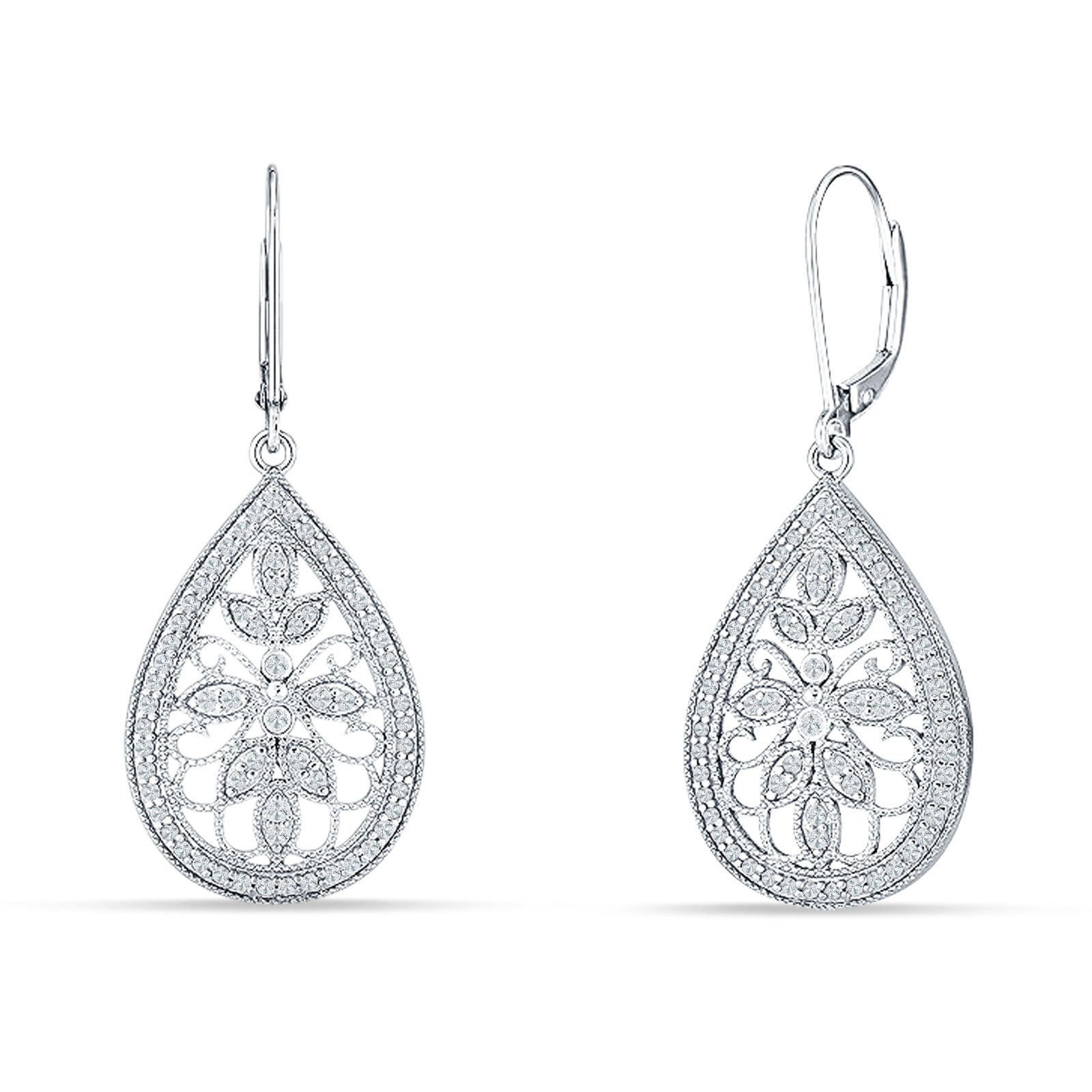 Pear Teardrop Filigree Drop Dangle Leverback Earring Cubic Zirconia 925 Sterling Silver