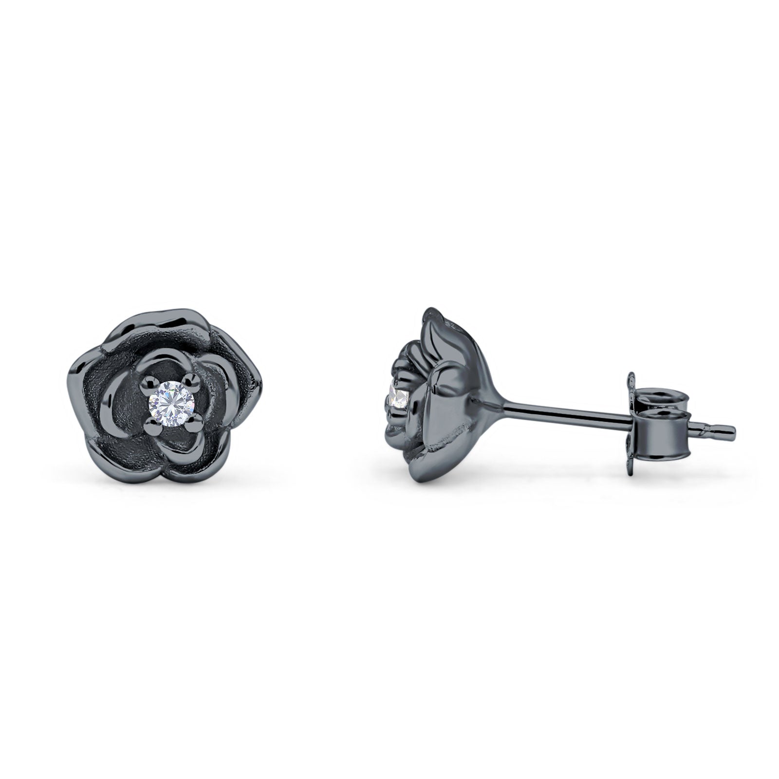 Rose Flower Stud Earrings 8.5mm Cubic Zirconia Solid 925 Sterling Silver