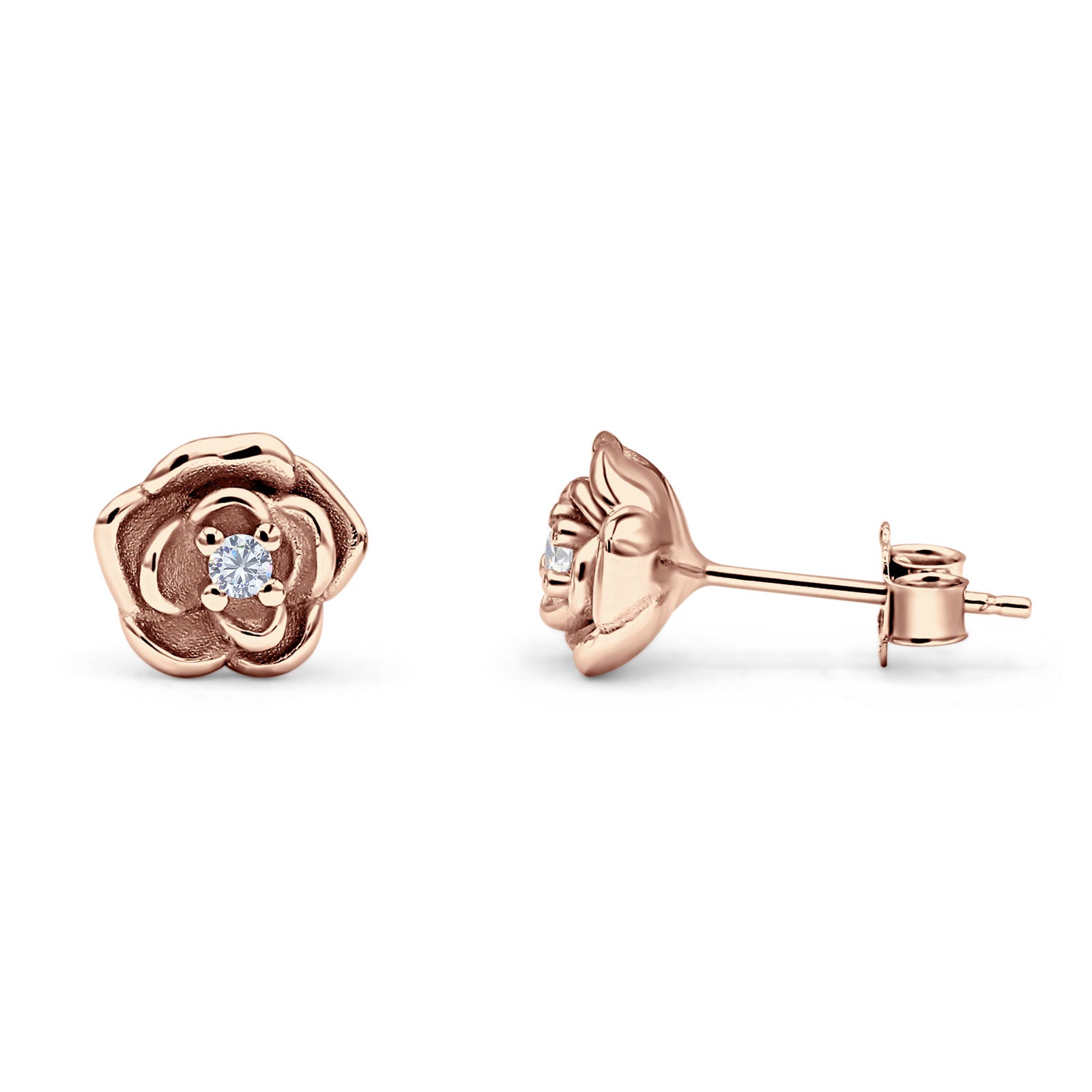 Rose Flower Stud Earrings 8.5mm Cubic Zirconia Solid 925 Sterling Silver
