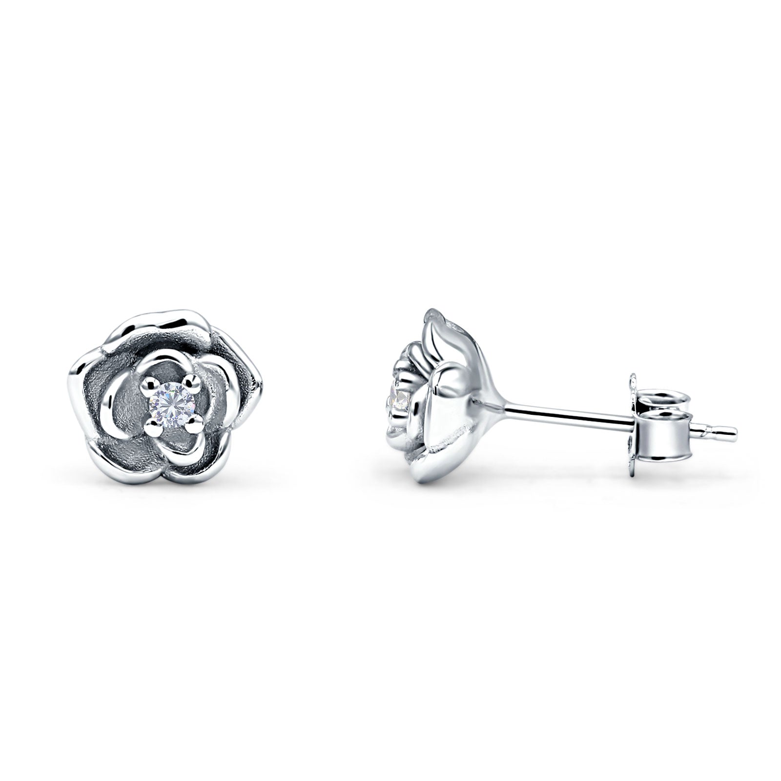 Rose Flower Stud Earrings 8.5mm Cubic Zirconia Solid 925 Sterling Silver
