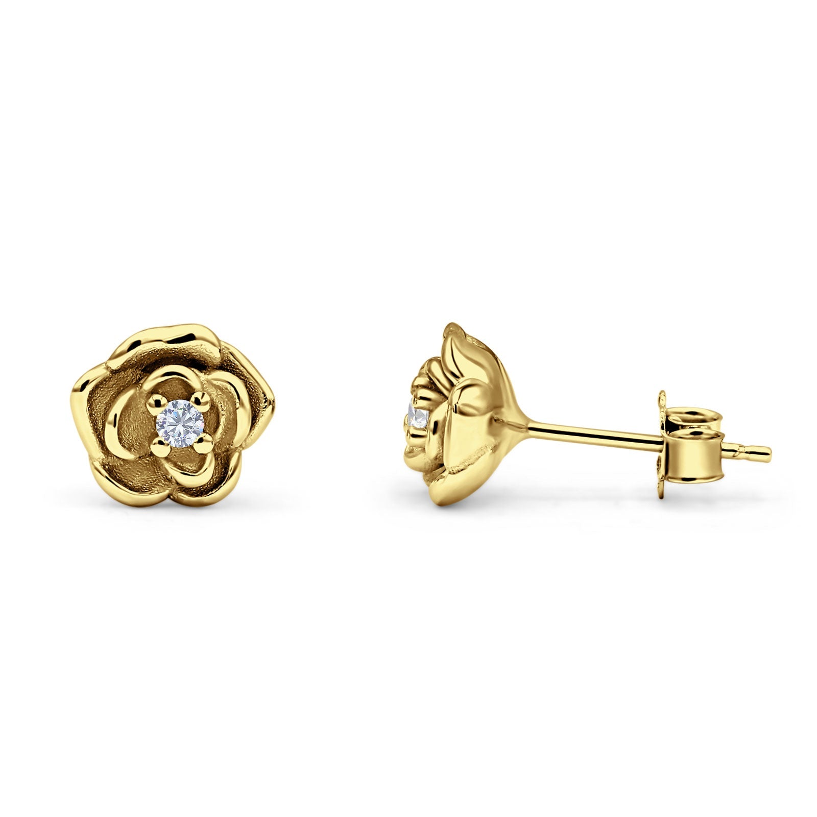 Rose Flower Stud Earrings 8.5mm Cubic Zirconia Solid 925 Sterling Silver