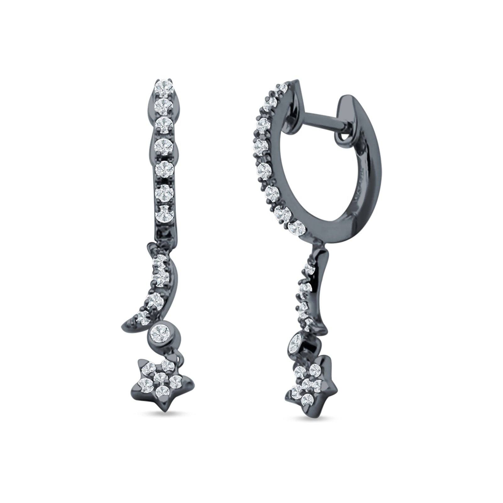 Moon & Star Earring Dangle Hoop Earring Cubic Zirconia 925 Sterling Silver