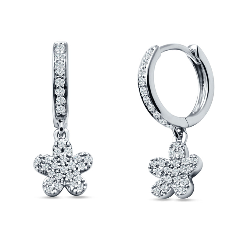 Flower Cluster Charm Huggie Hoop Earring Cubic Zirconia 925 Sterling Silver
