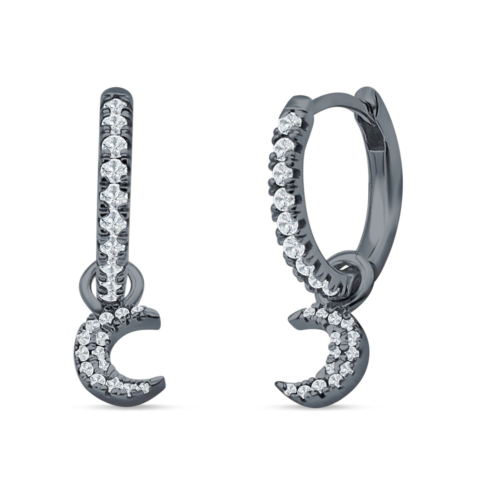 Crescent Moon Charm Huggie Hoop Earring Cubic Zirconia 925 Sterling Silver