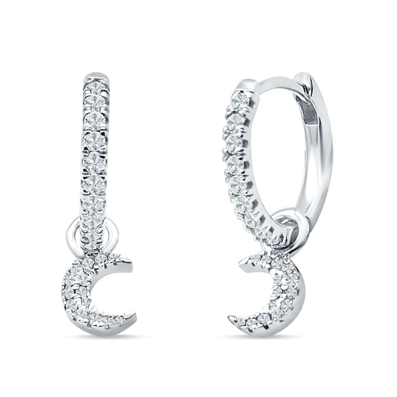 Crescent Moon Charm Huggie Hoop Earring Cubic Zirconia 925 Sterling Silver